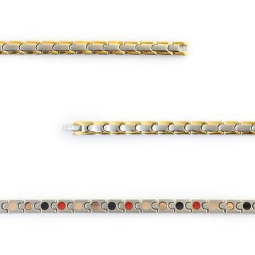 Close-up of Nexus negative ion bracelet links with stainless steel and gold to show detail.